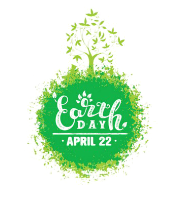Graphic showing a tree growing on top of a green world with the text overlay of "Earth Day April 22"