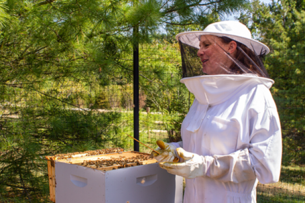 Image of a beekeeper in gear - Meet the Bees at Grace Farms in New Canaan