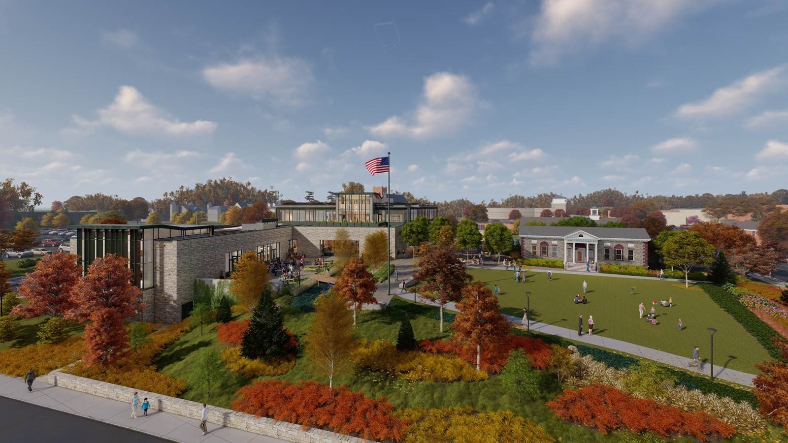 a rendering of the NEW New Canaan Library, featuring the Library Green and the legacy building