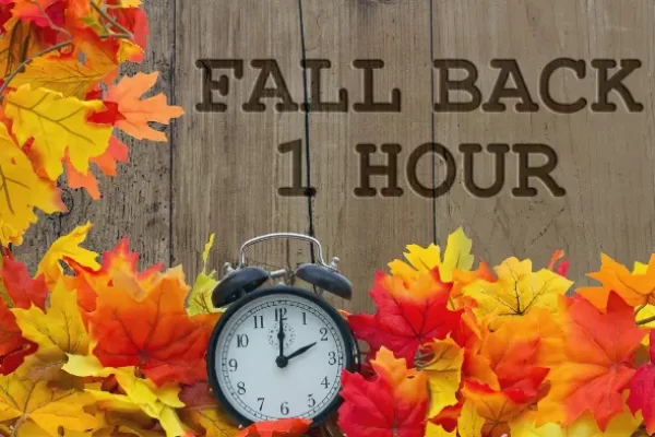 decorative image showing colorful autumn leaves and text saying "fall back 1hour"